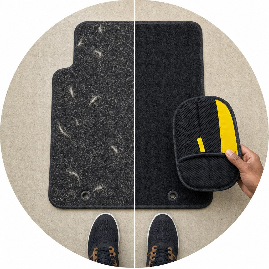 Car mat half cleaned with the Rearpaw glove