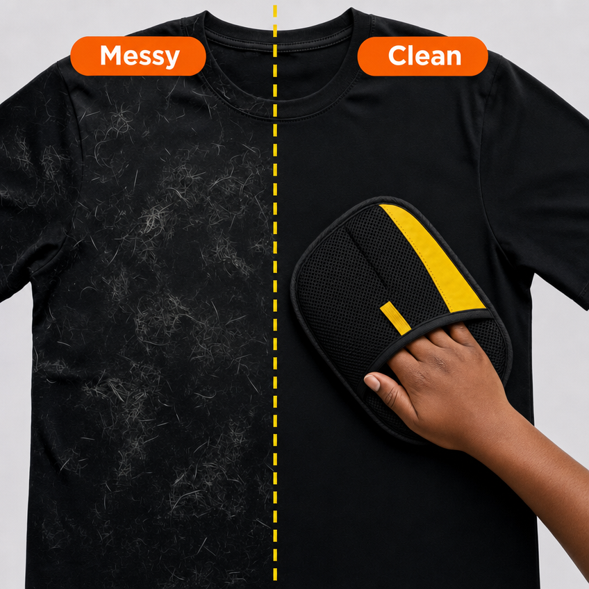 Black T-shirt before and after removing pet hair with the Rearpaw glove