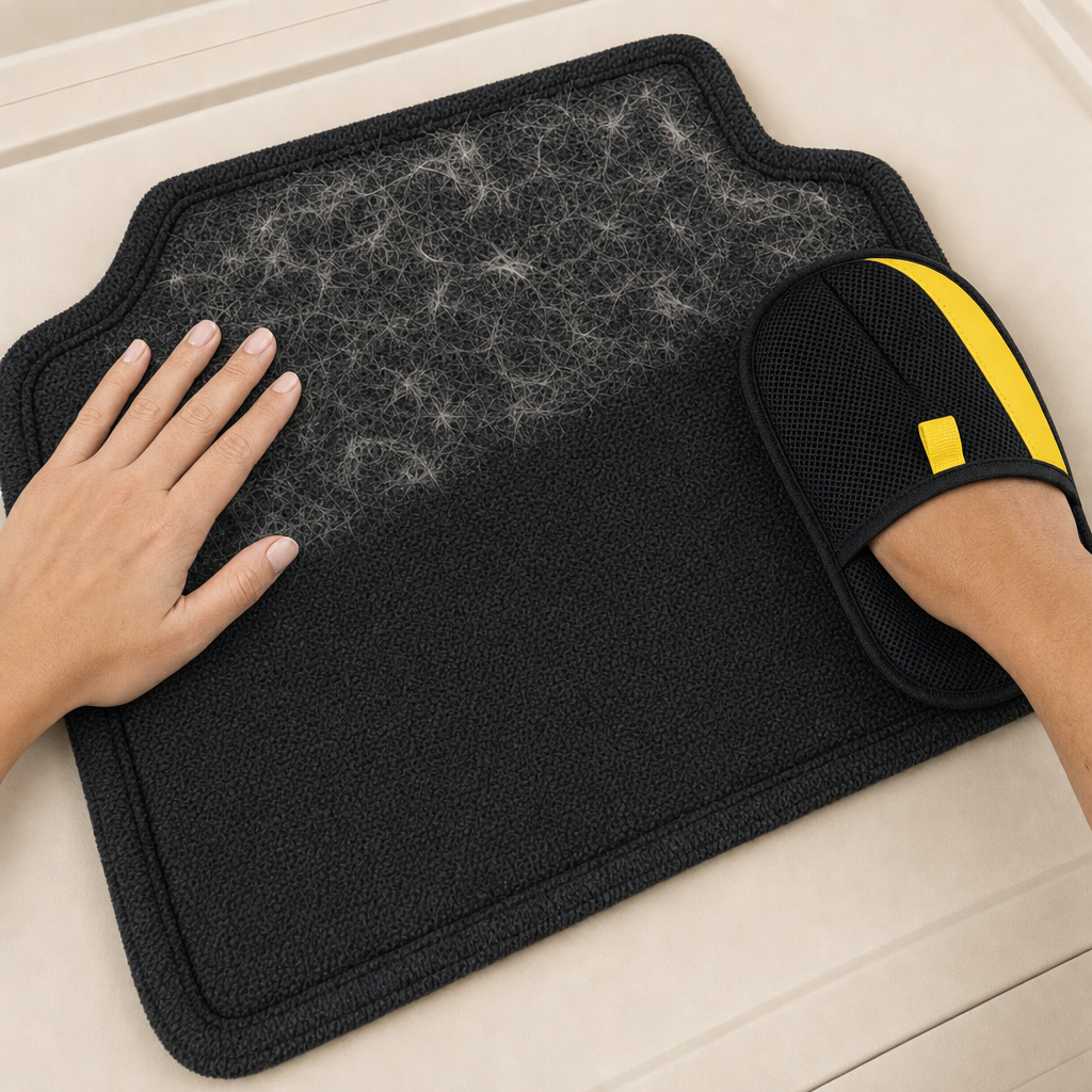 Rearpaw glove cleaning pet hair from a car floor mat